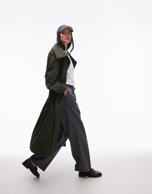 & Other Stories double breasted belted trench coat with funnel neck in dark green, 4 of 4