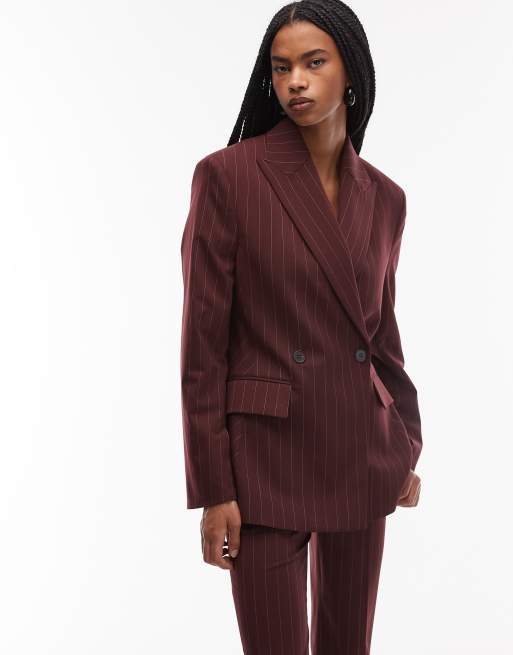& Other Stories - Double breasted blazer van wolmix in bordeauxrood met krijtstreep, deel van co-ord set
