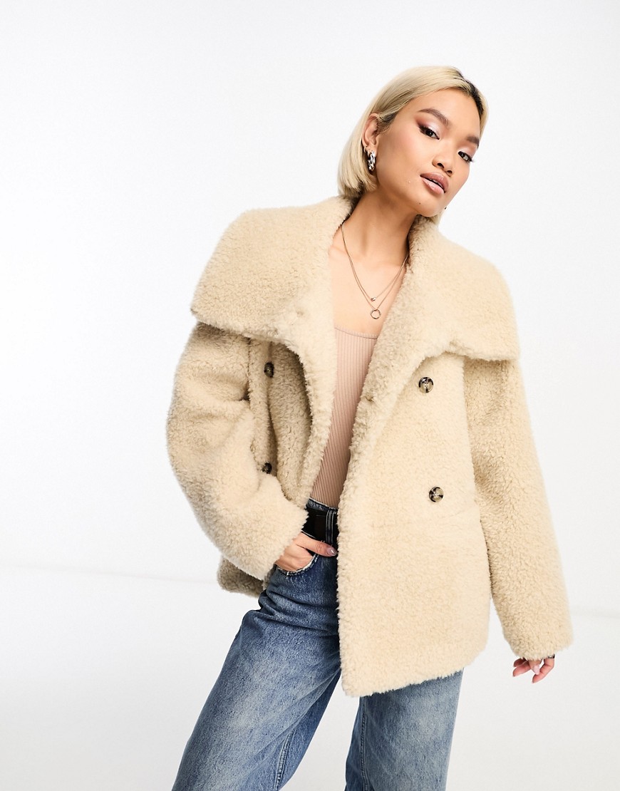 & Other Stories double breasted textured faux fur jacket in beige-Neutral