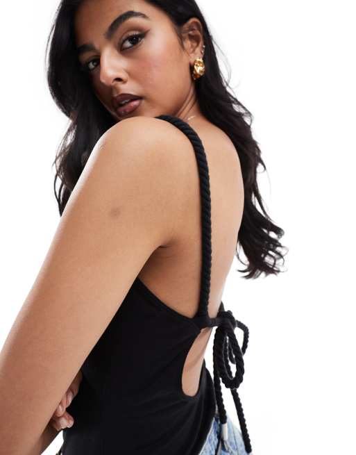& Other Stories double lined bodysuit with ruched neckline and rope tie back in black