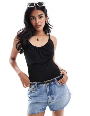 & Other Stories Double Lined Bodysuit With Ruched Neckline And Rope Tie Back In Black
