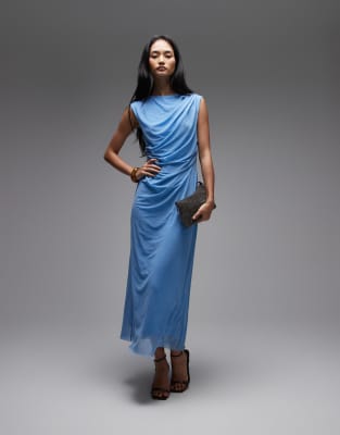 & Other Stories Drape Mesh Midi Dress In Blue