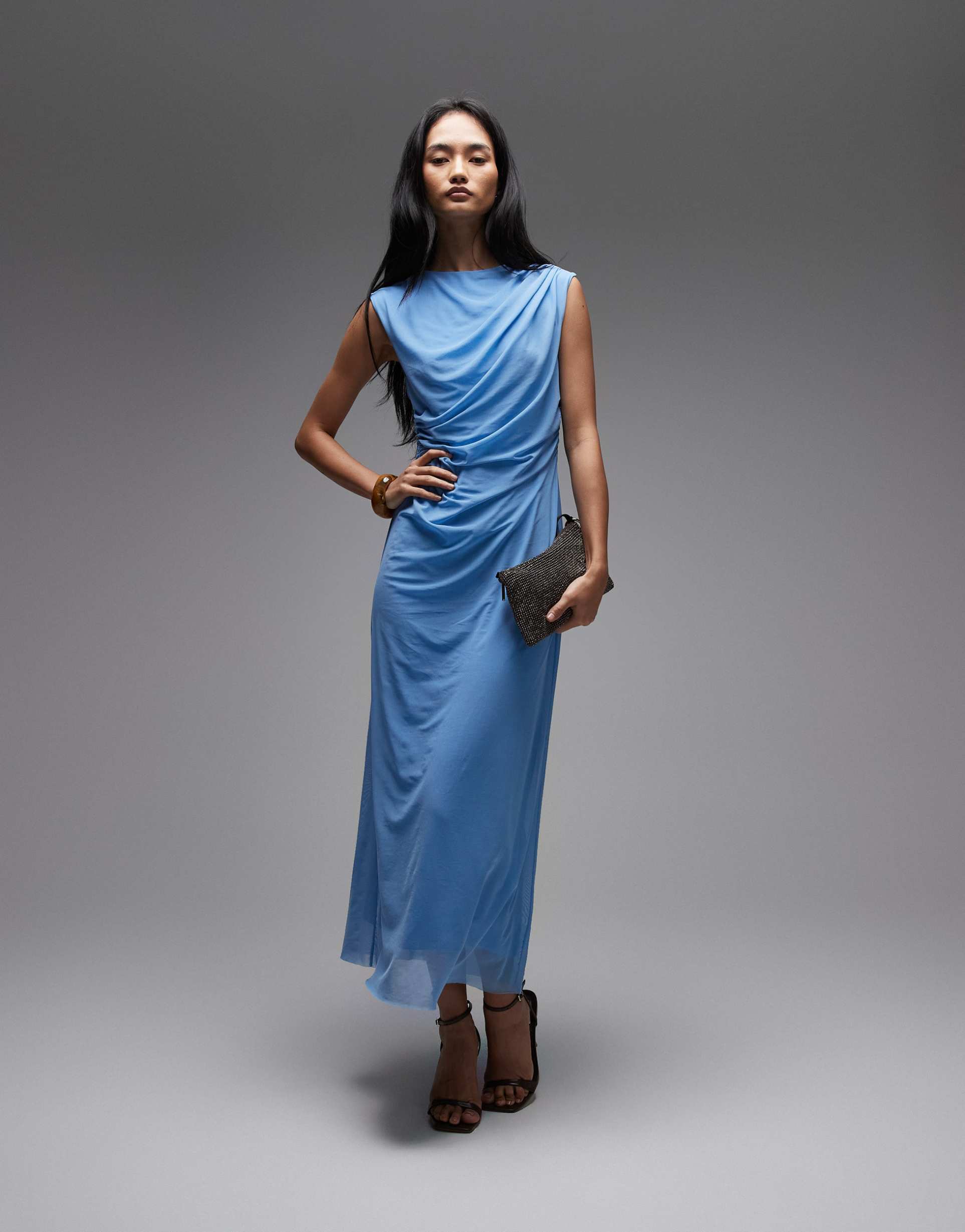 & other stories drape mesh midi dress in bright blue
