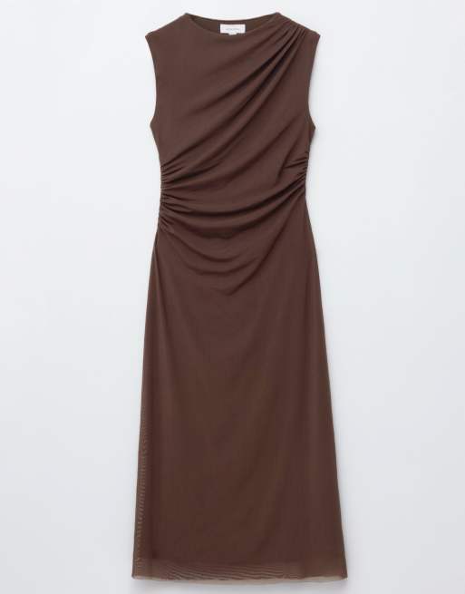 & Other Stories drape mesh midi dress in chocolate brown , 2 of 4