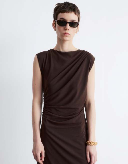 & Other Stories drape mesh midi dress in chocolate brown , 3 of 4