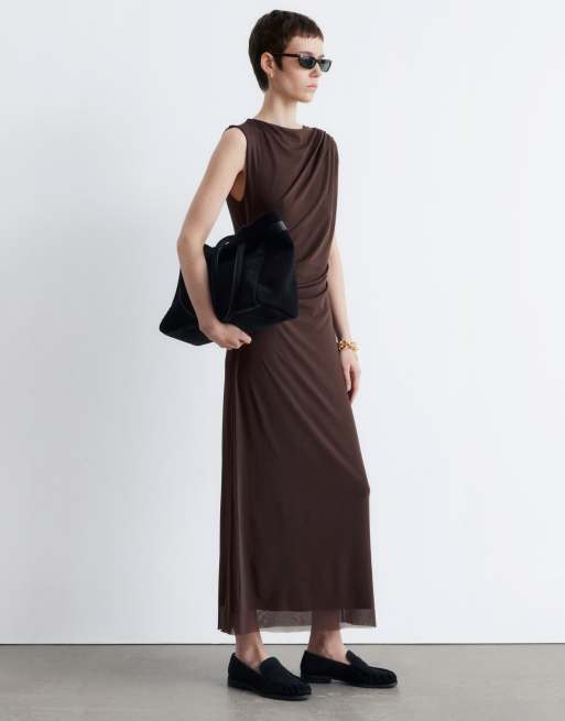 & Other Stories drape mesh midi dress in chocolate brown , 4 of 4