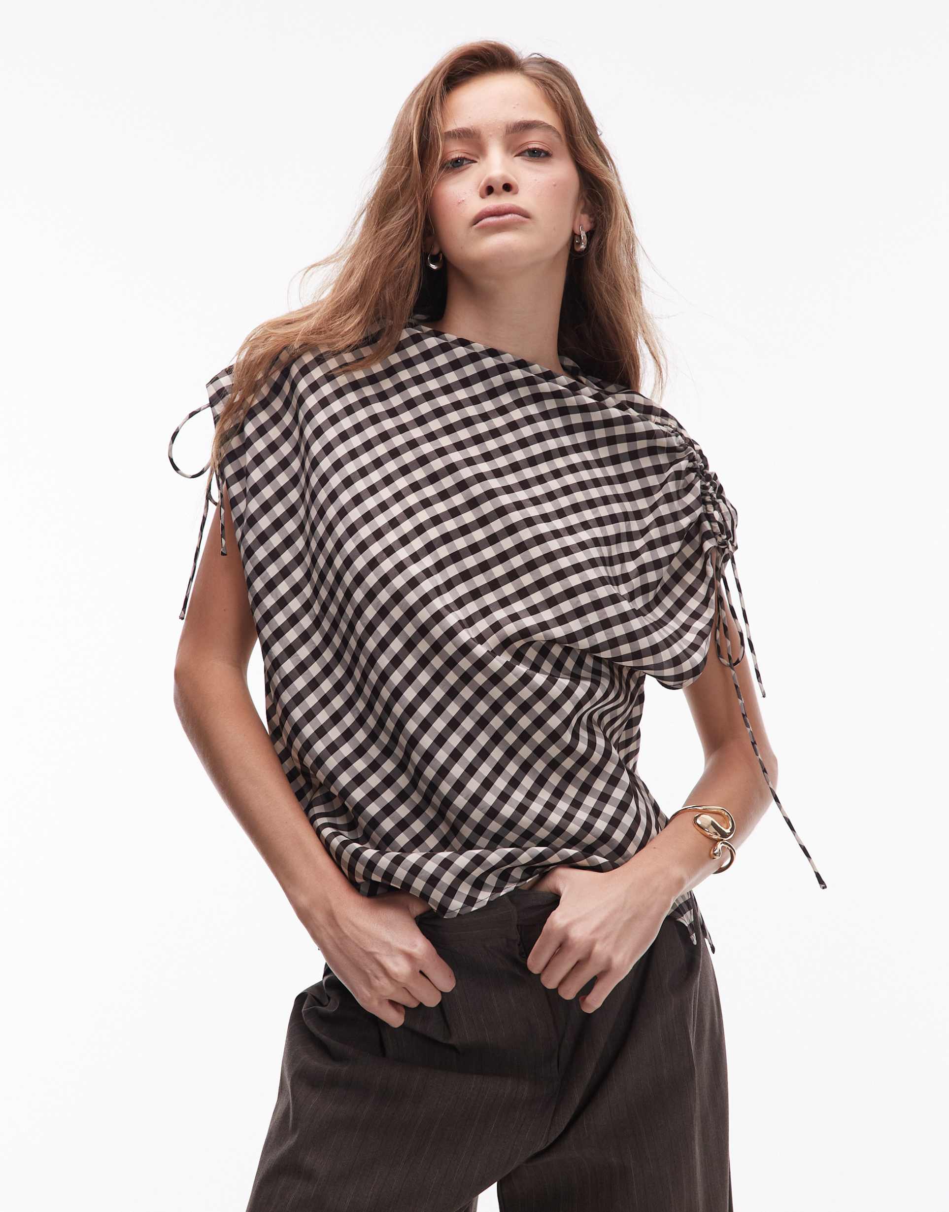 & other stories drape sleeveless top in black and white gingham