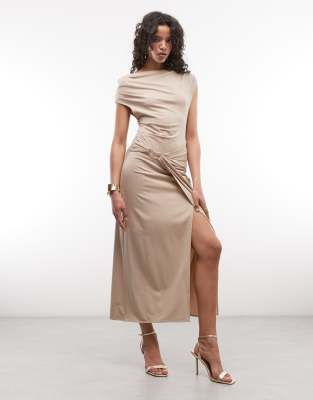 & Other Stories Draped Jersey Maxi Dress With Boat Neck And Buckle Detail In Neutral