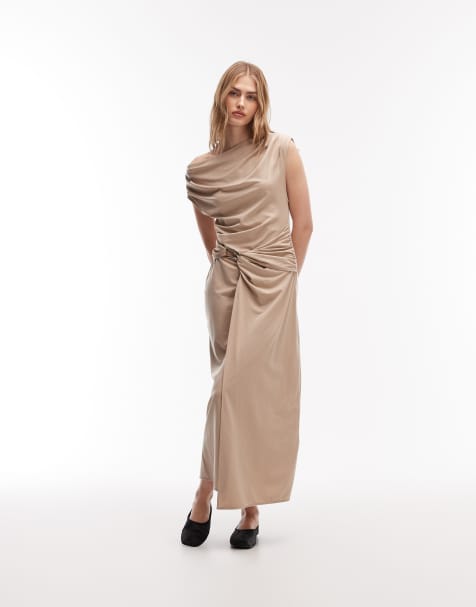& Other Stories draped jersey maxi dress with boat neck and buckle detail in beige - view 1