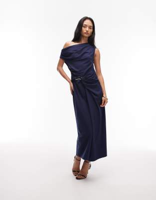 & Other Stories Draped Jersey Midi Dress With Boat Neck And Buckle Detail In Animal Print