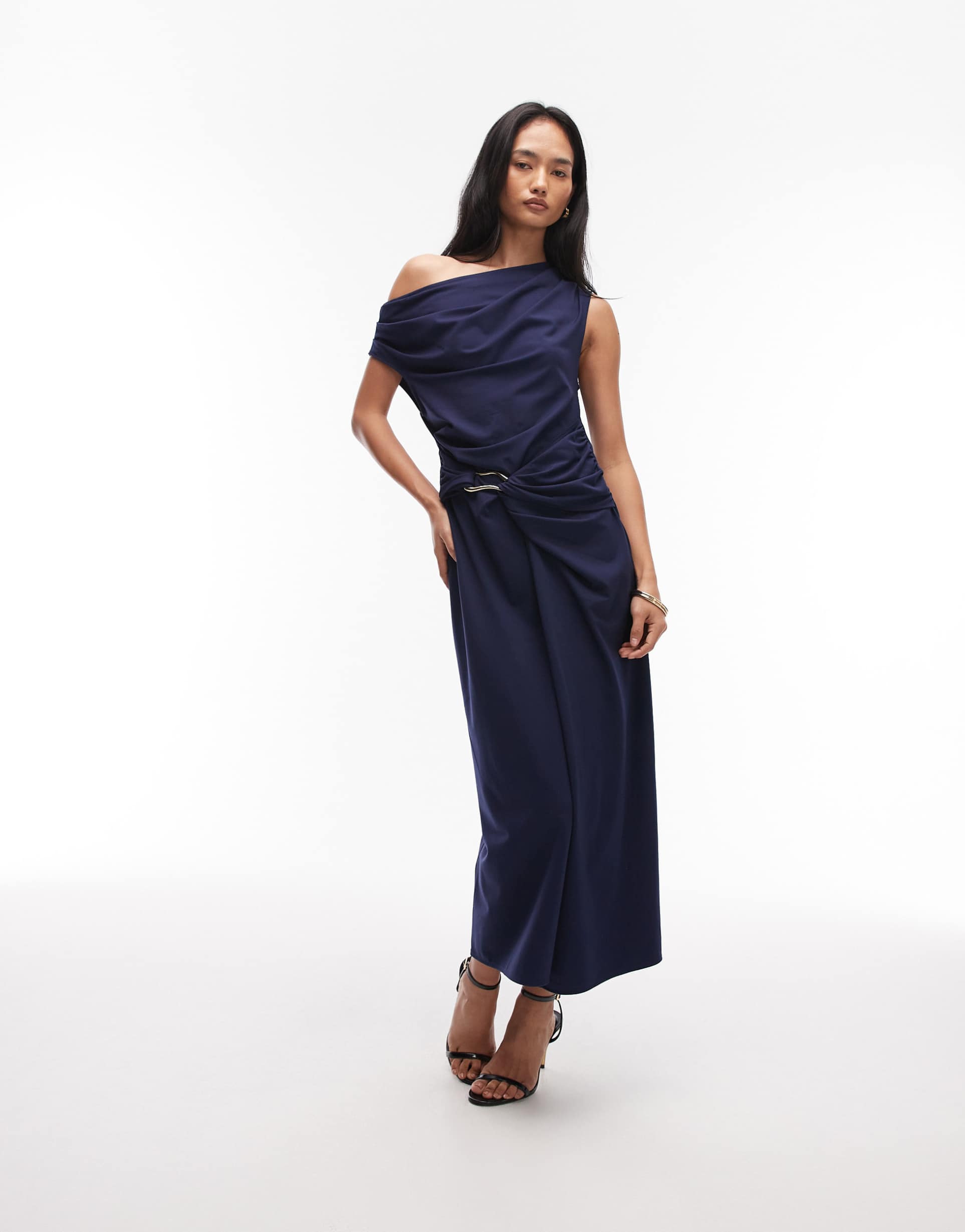 & other stories draped jersey midi dress with boat neck and buckle detail in navy