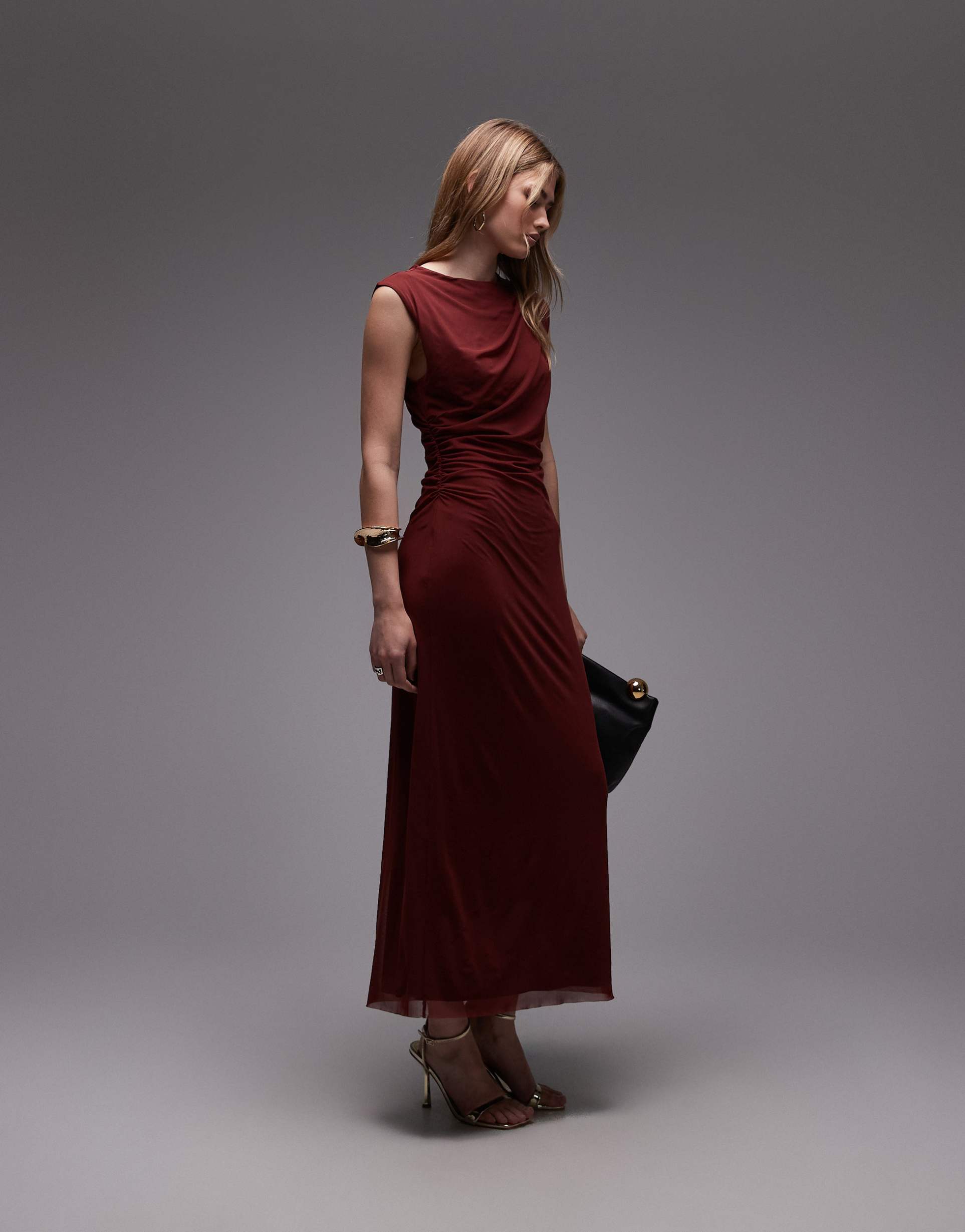 & other stories draped mesh midaxi dress in wine