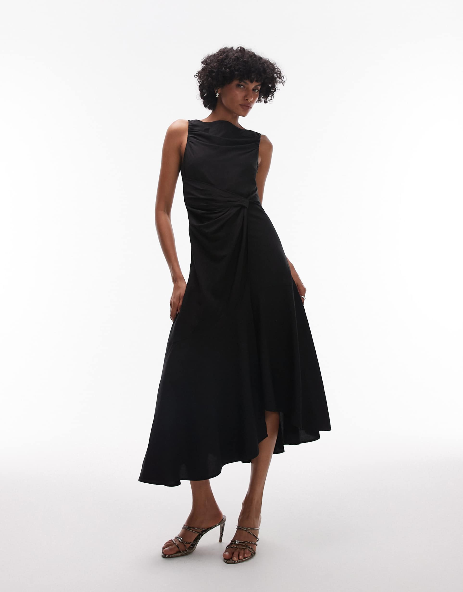 & other stories drapey midaxi dress with asymmetric flutter hem in black