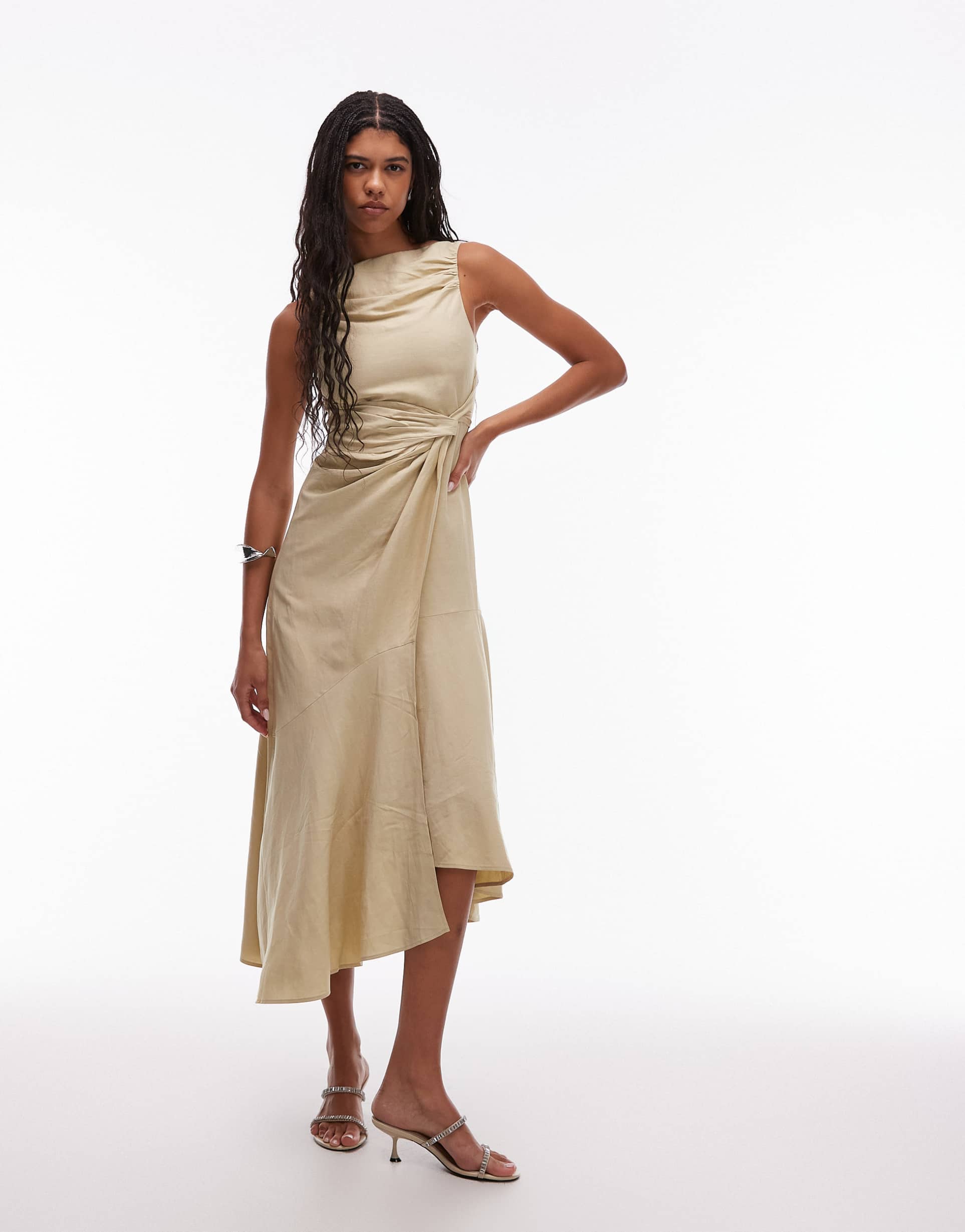 & other stories drapey midaxi dress with asymmetric flutter hem in butter yellow beige