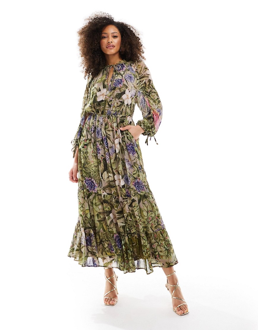 & Other Stories drapey midaxi dress with ruche tie volume sleeves and tiered hem in floral leaf print-Multi