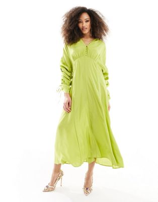 Other Stories &  Drapey Midaxi Dress With Ruche Tie Volume Sleeves In Green