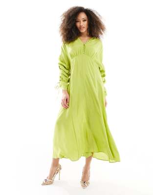 & other stories drapey midaxi dress with ruche tie volume sleeves in green