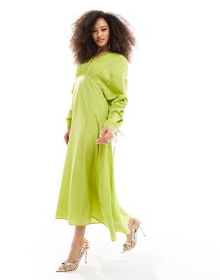 & other stories drapey midaxi dress with ruche tie volume sleeves in green