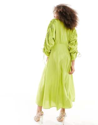 & other stories drapey midaxi dress with ruche tie volume sleeves in green