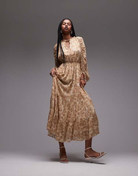 & Other Stories drapey midaxi dress with ruche tie volume sleeves in soft abstract print  - view 1