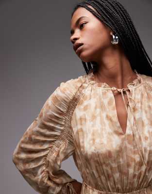 & Other Stories Drapey Midaxi Dress With Ruche Tie Volume Sleeves In Neutral