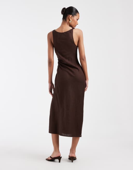 & Other Stories drapiertes asymmetrisches Maxikleid aus Leinen in Dunkelbraun, 3 von 4