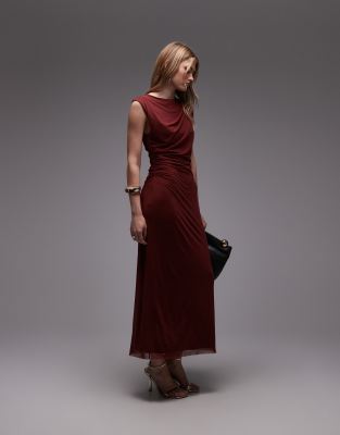 & Other Stories - Drapiertes Midikleid aus Netzstoff in Weinrot