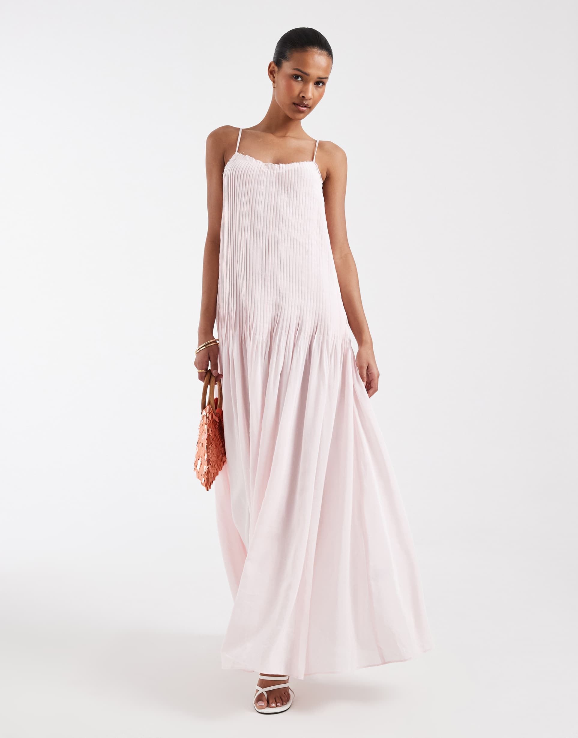 & other stories drop waist maxi dress with pleated skirt in light pink