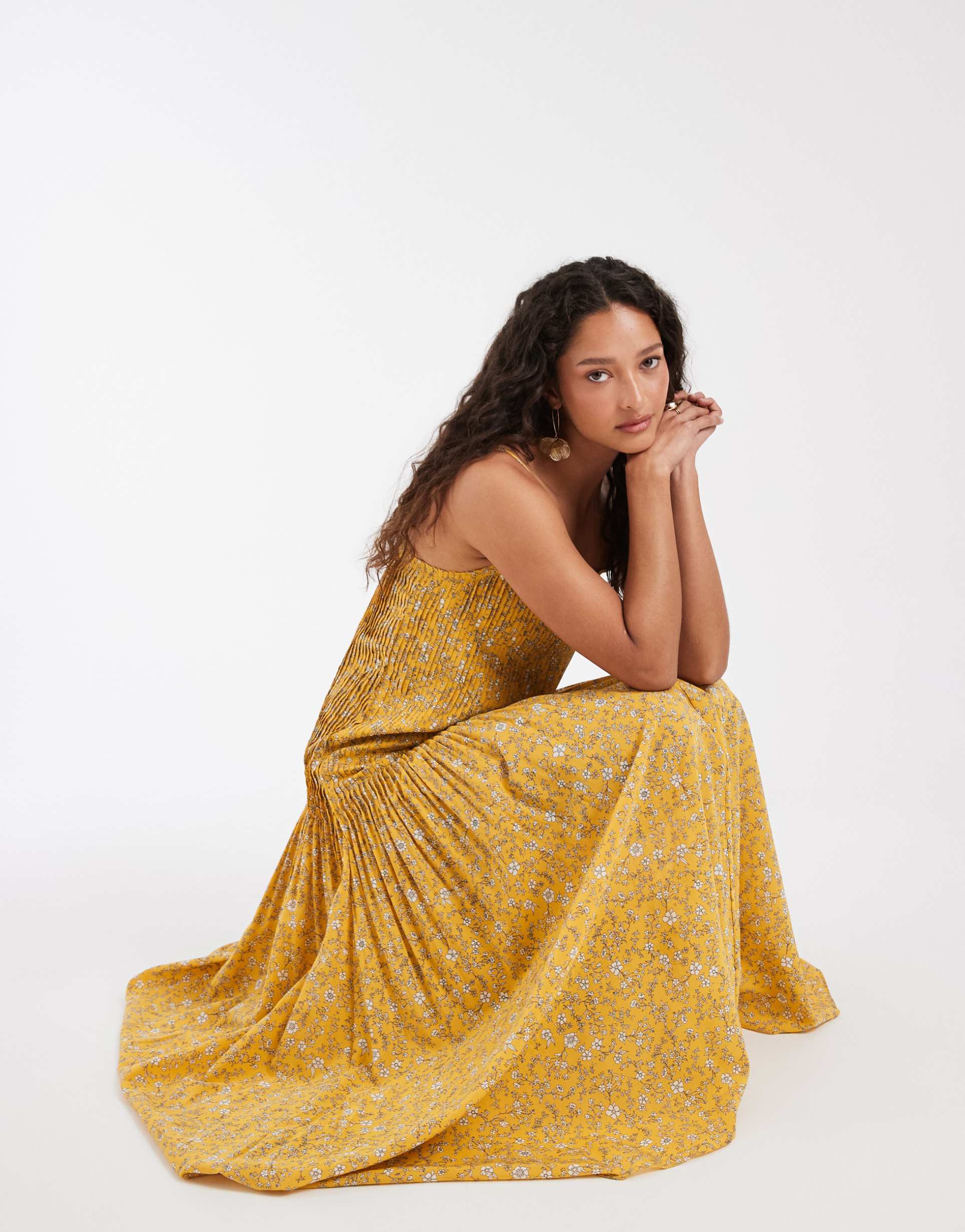 & other stories drop waist maxi dress with pleated skirt in yellow print