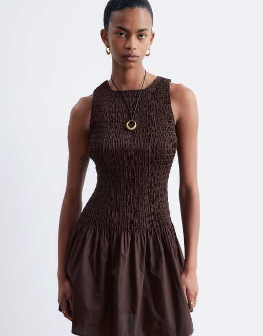 & Other Stories drop waist mini smock dress in chocolate brown, 2 of 4