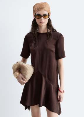 & Other Stories Drop Waist Satin Mini Dress With Hanky Hem In Brown