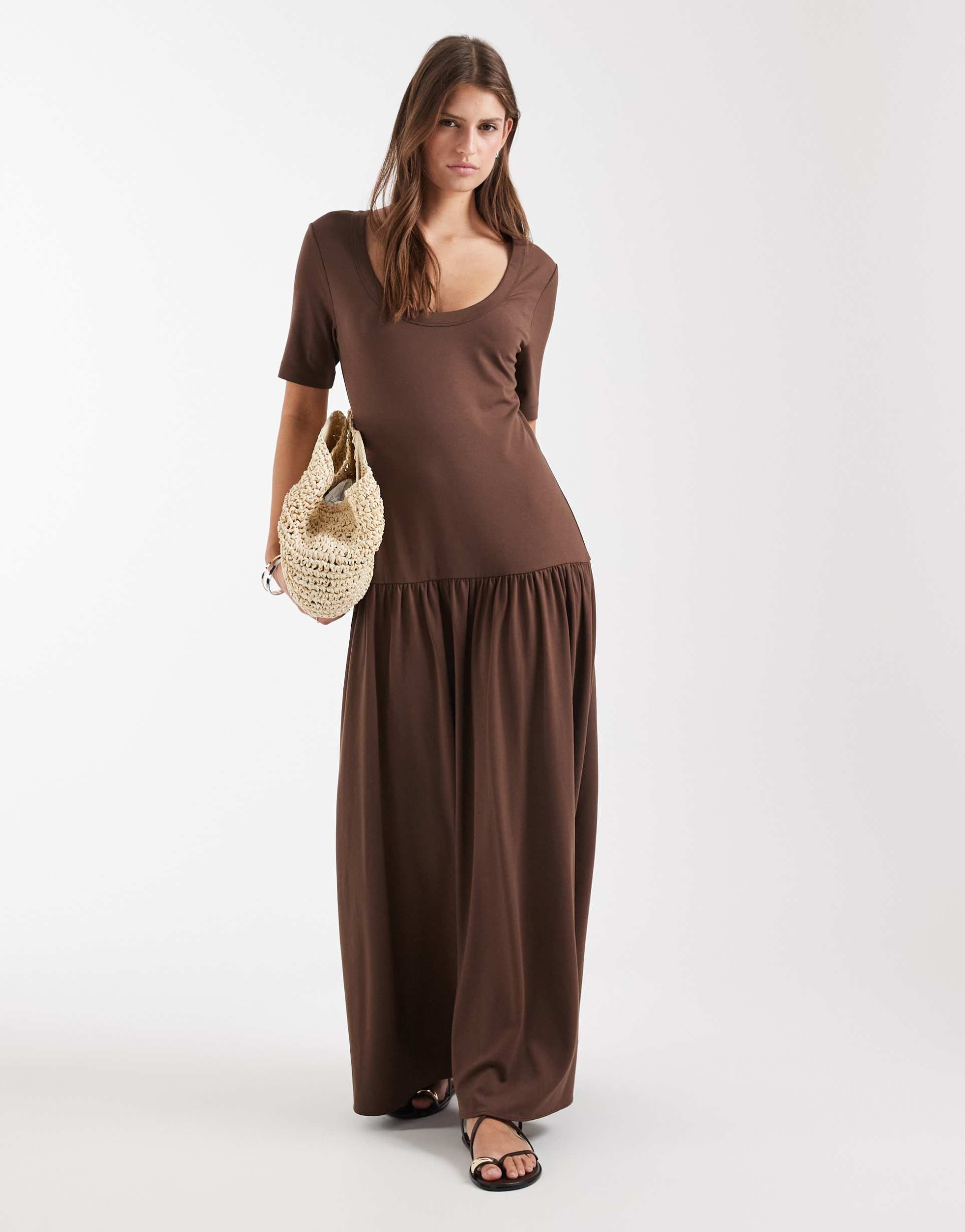 & other stories dropped waist midi dress with scoop neck in chocolate brown