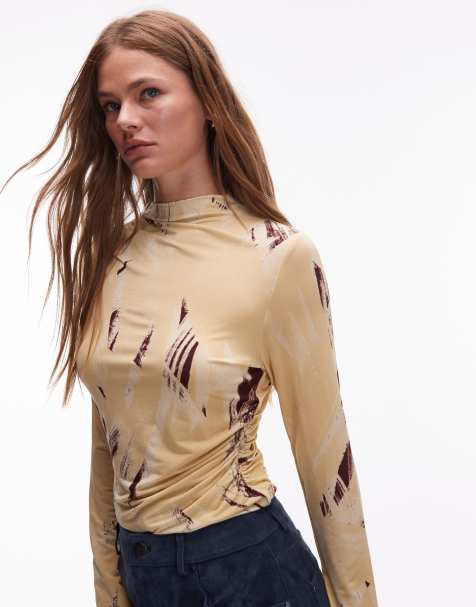 & Other Stories jersey  top side ruche with long sleeves  in yellow abstract print