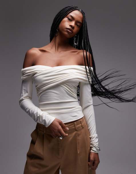 & Other Stories jersey  top with draped off shoulder in off white