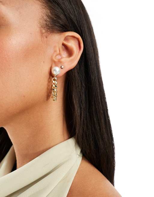 & Other Stories earrings with faux pearl studs and drop chain in gold, 3 of 4