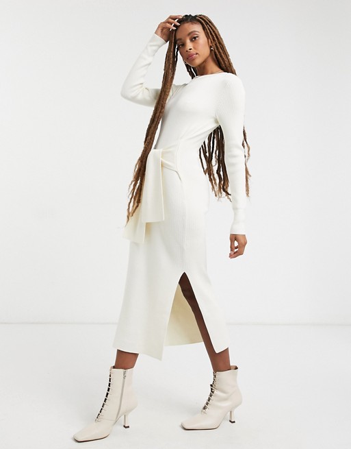 & Other Stories eco ribbed tie waist knitted dress in off white