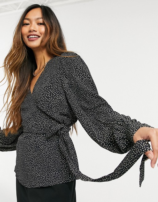 & Other Stories ecovero dot print long sleeve wrap blouse in black