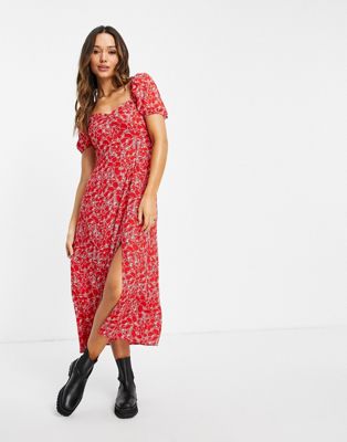 & Other Stories ruched front floral print midi dress in red - RED