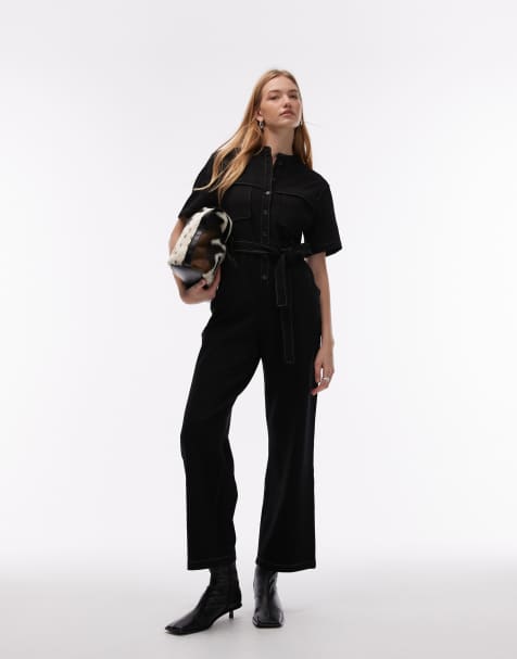 & Other Stories – Elastischer Jumpsuit in Schwarz mit weitem Bein, Bindegürtel und Utility-Taschen - view 1