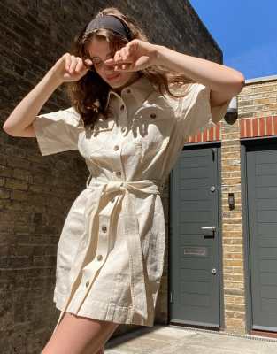 Sage Cargo Shirt Sleeve Belted Shirt Dress