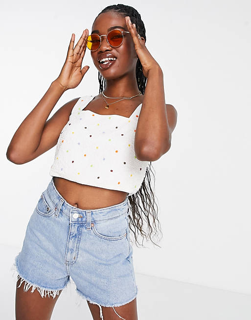 & Other Stories embellished crop top with dot print in white (part of a set)