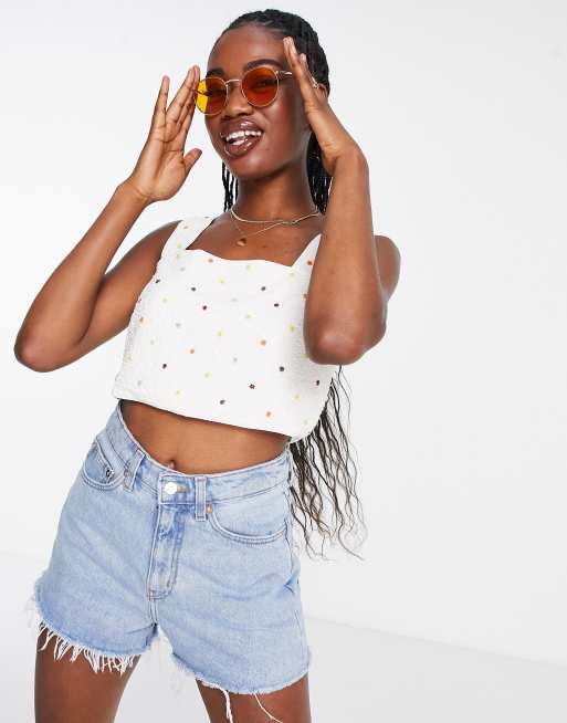  Other Stories embellished crop top with dot print in white