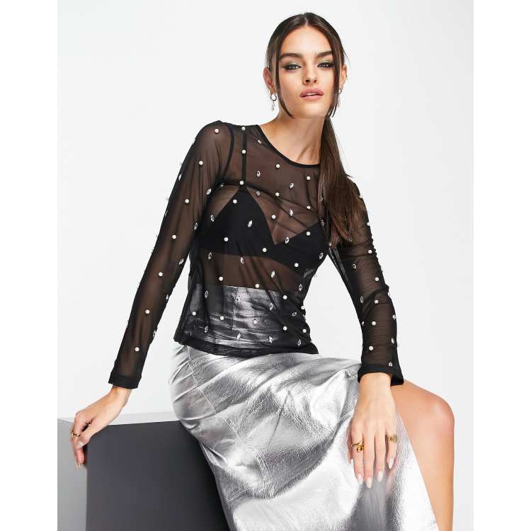  Other Stories embellished mesh top in black