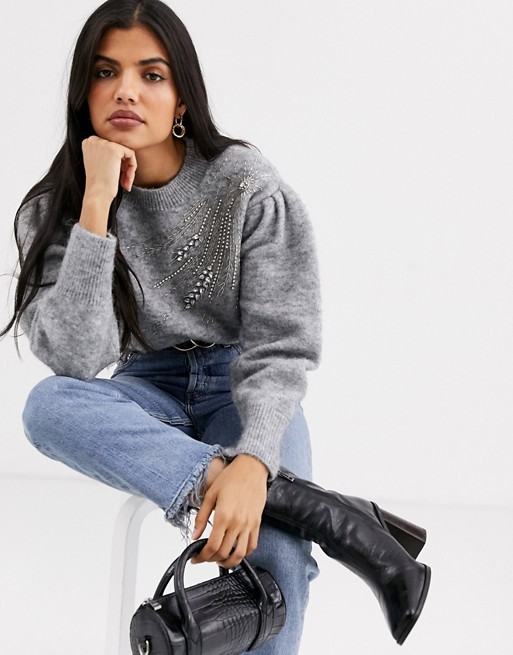 & Other Stories embellished puff sleeve jumper in grey