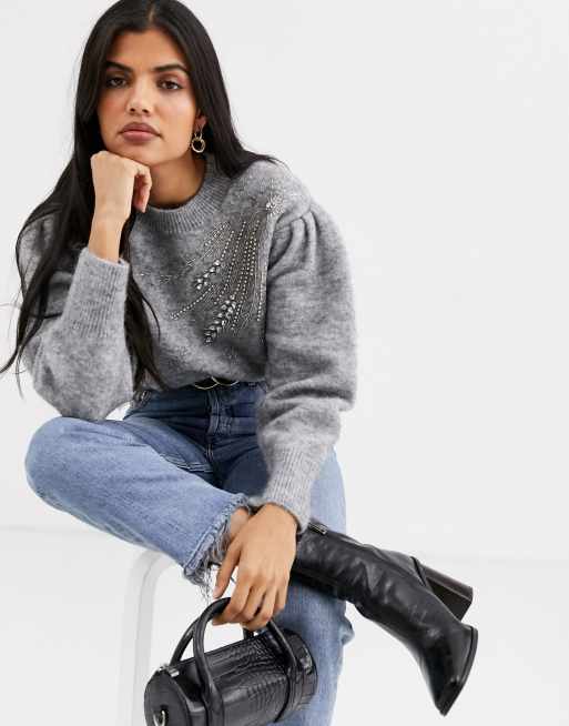 u0026 Other Stories embellished puff sleeve sweater in gray | ASOS