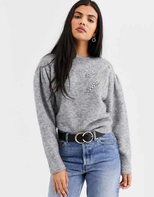 u0026 Other Stories embellished puff sleeve sweater in gray | ASOS