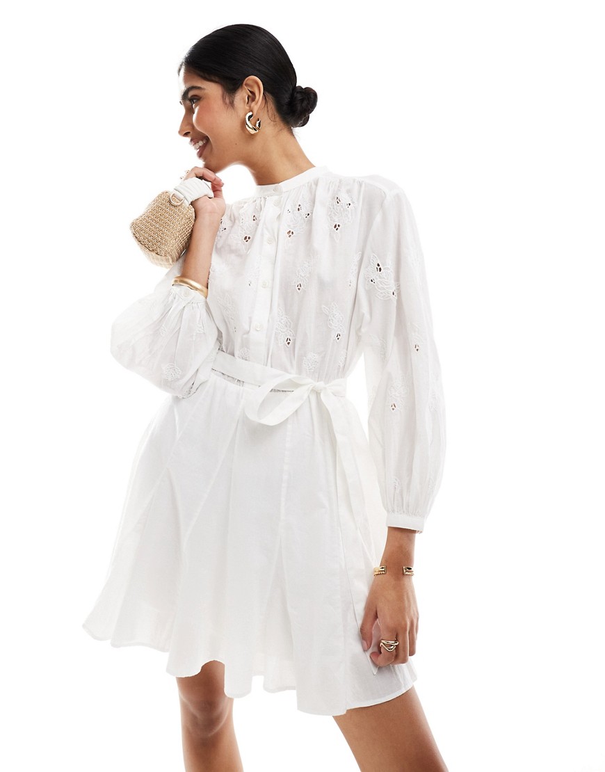 & Other Stories embroidered broderie mini dress with tie detail in white