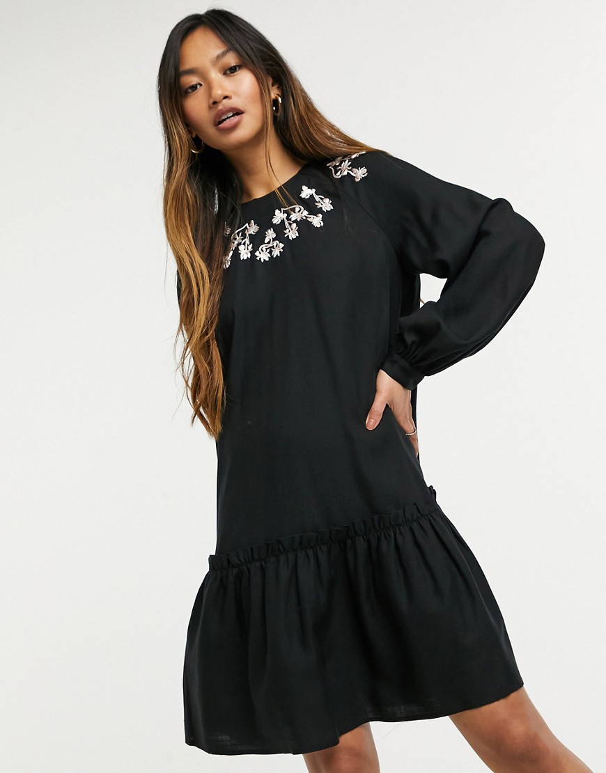 Other Stories &  Embroidered Detail Mini Smock Dress In Black