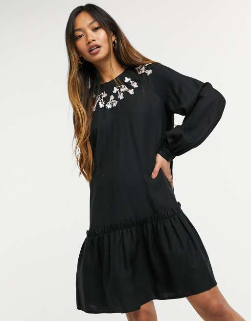 & Other Stories embroidered detail mini smock dress in black | ASOS