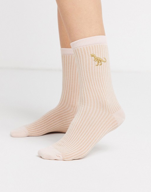 & Other Stories embroidered dinosaur ribbed socks in pink
